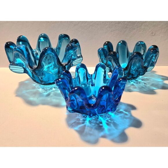 Set Of 3 Murano Blue Glass Sculptural Bowls With Organic Wave Design - Picture 1 of 7